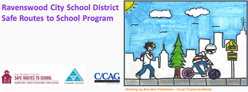 Student drawing of a boy with a backpack and one on a bike on the sidewalk on their way to school with a city skyline in the background
